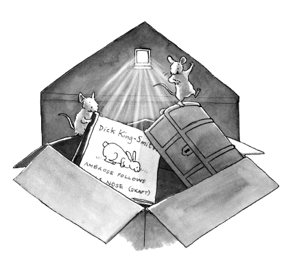 Illustration of some mice finding a manuscript in an attic