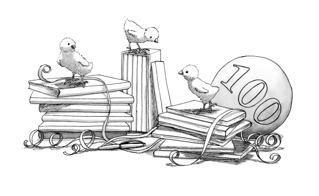 Illustration of some some chicks around a pile of books
